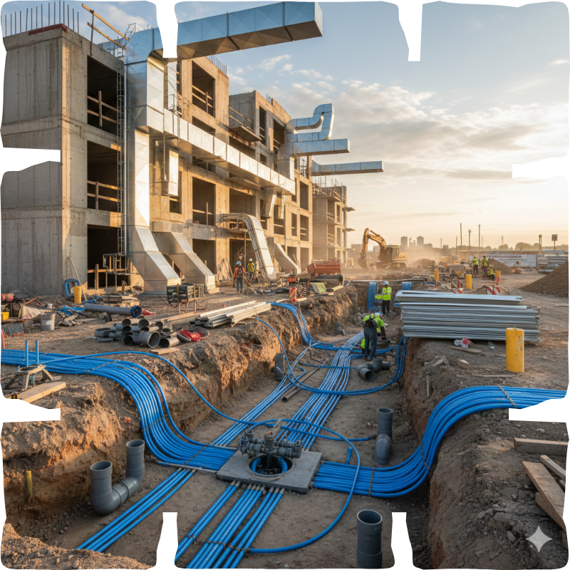 A construction site featuring blue pipes and various construction equipment in use